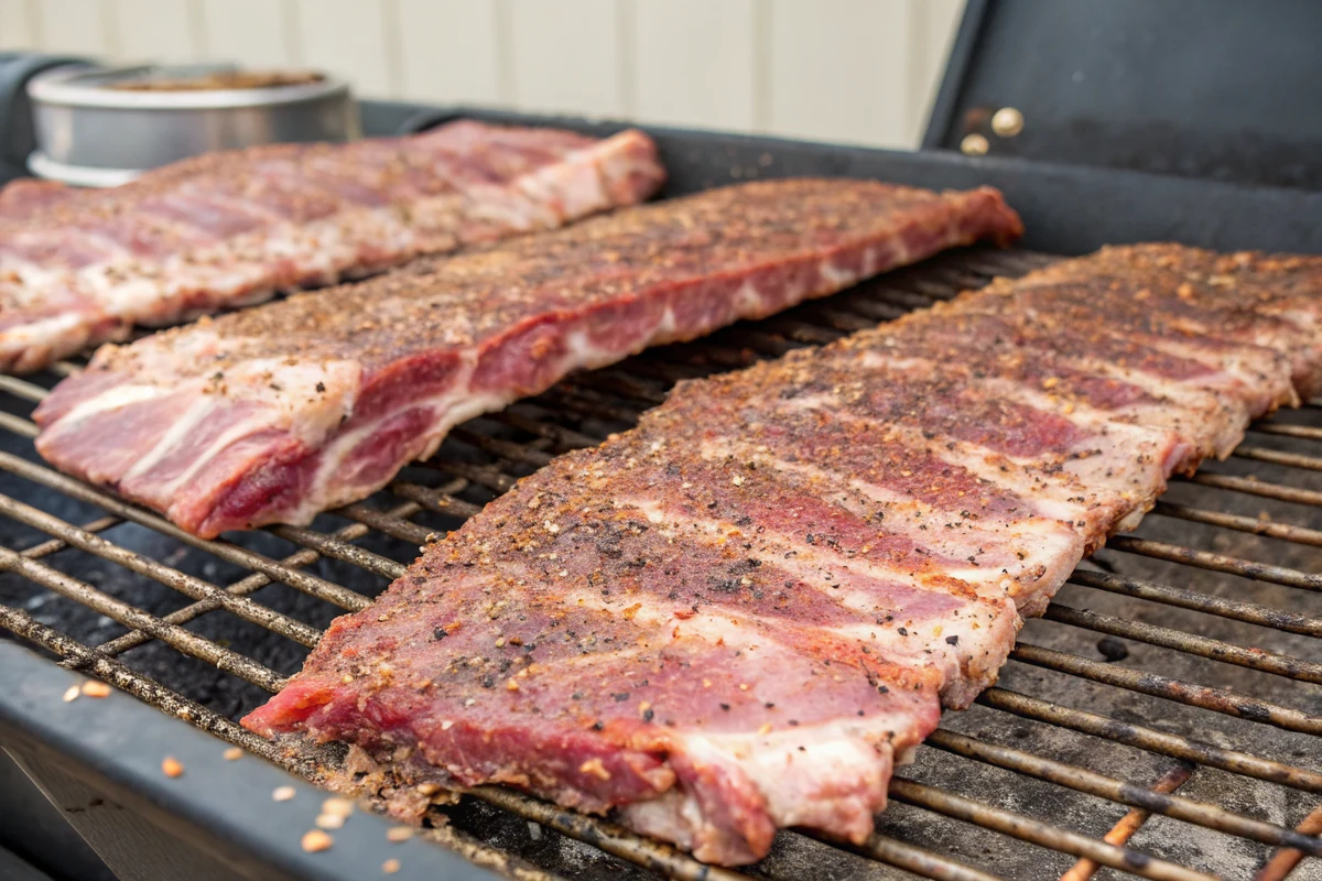 Raw pork ribs seasoned with a peppery rub on a smoker grate with the membrane removed