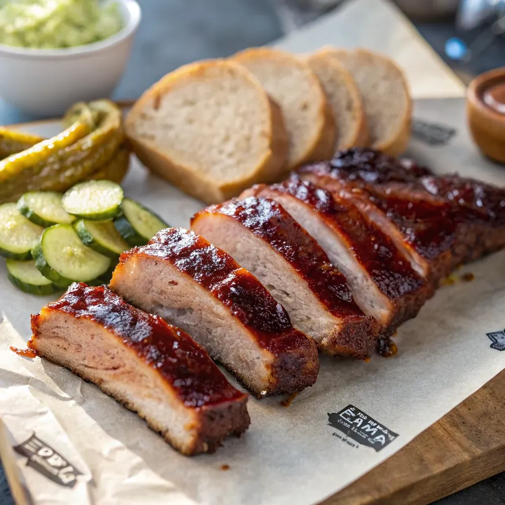 Overhead of sliced glazed pork ribs at 275F arranged on butcher paper with pickles and bread