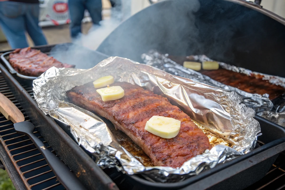 Pork ribs wrapped in foil with butter on a smoker during the Texas crutch stage at 275F