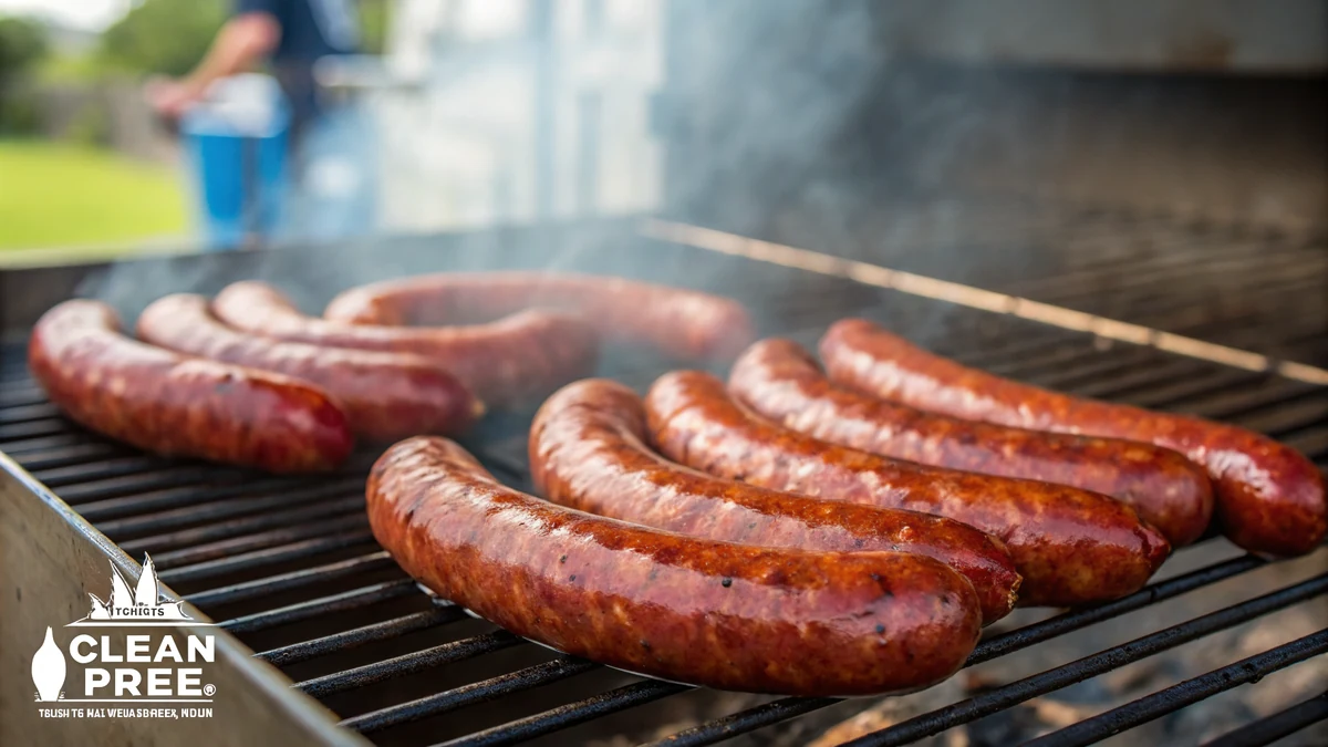 Smoked sausage links with snappy casings and deep color on a smoker grate in a Texas pit