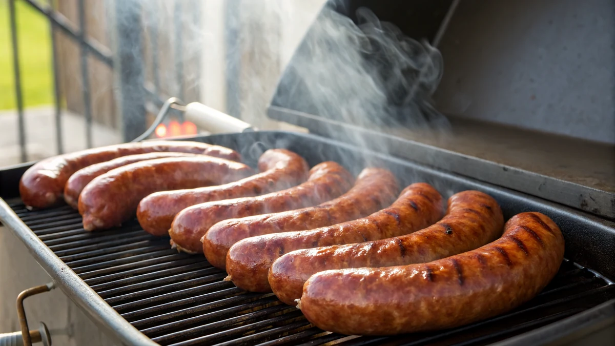 Smoked sausage links with snappy casings and deep color on a smoker grate in a Texas pit