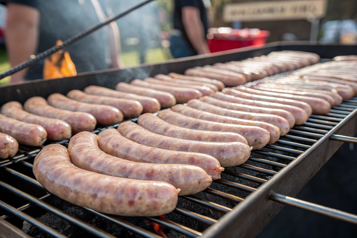 Fresh raw sausage links arranged on a smoker rack with space between each link
