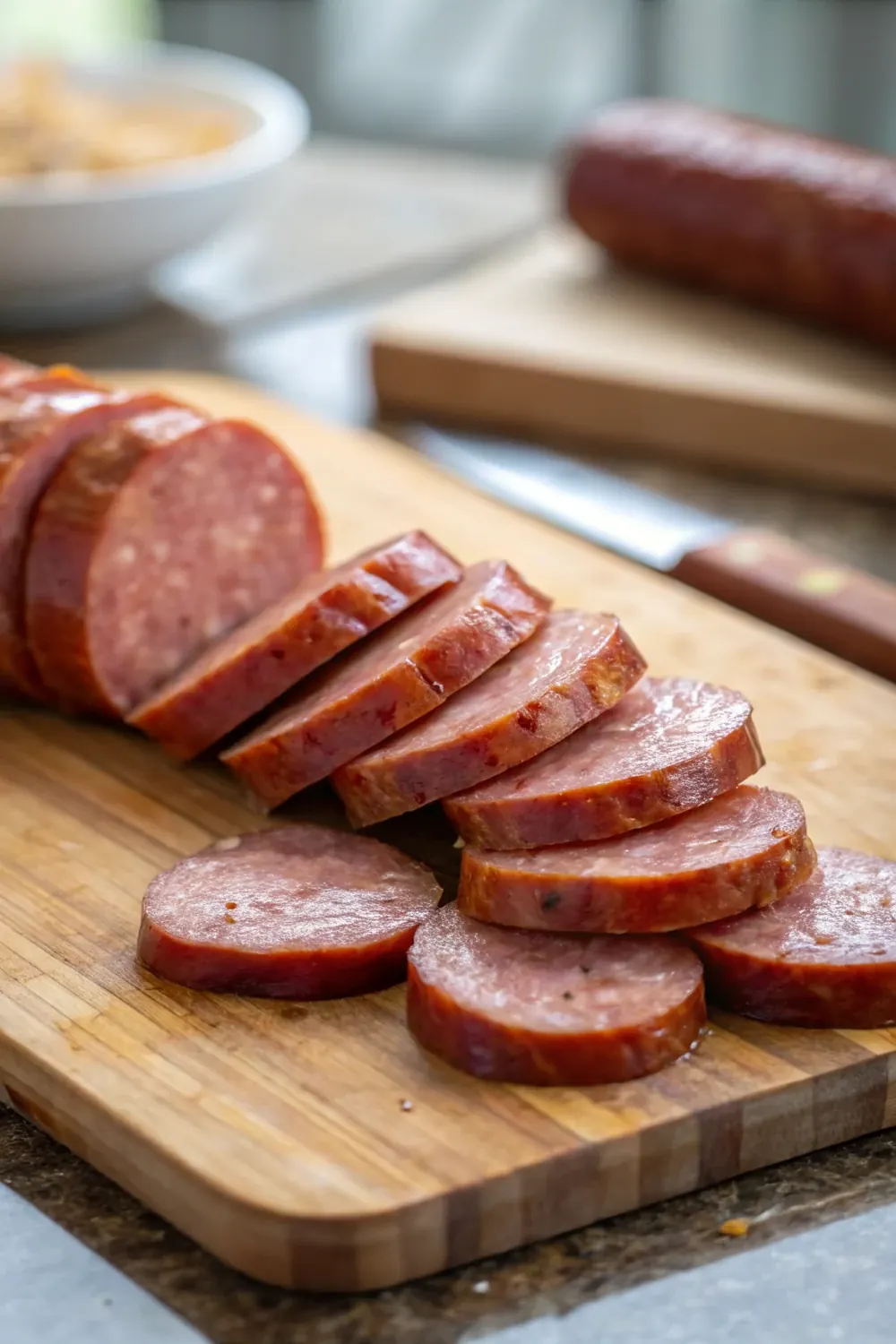 Smoked sausage links sliced on a board stacked vertically, save this how long to smoke sausage guide