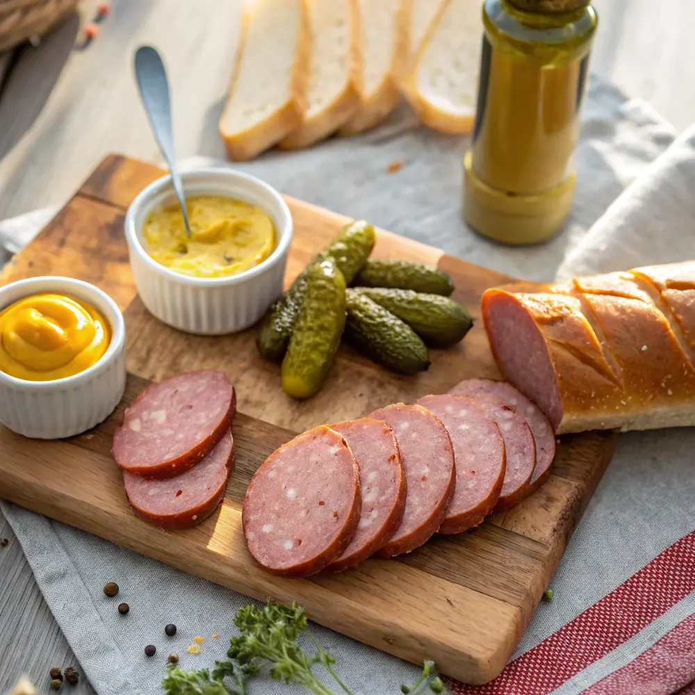 Overhead of sliced smoked sausage on a board with mustard, pickles, and bread