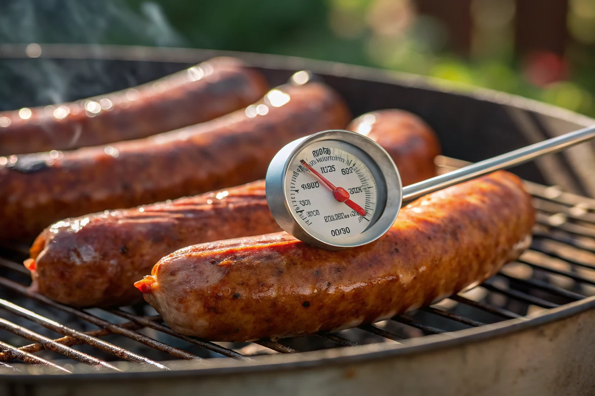 Instant-read thermometer checking the internal temperature of a smoked sausage link