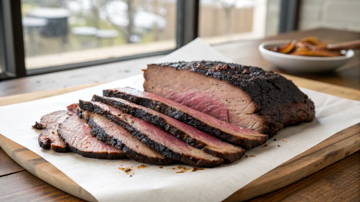 Sliced smoked brisket arranged on butcher paper with slices fanned out, showing the portion size for a crowd