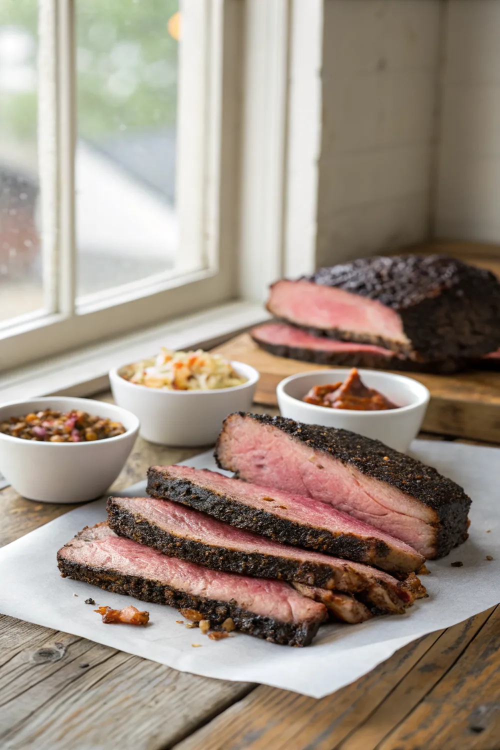 Vertical chart-style photo of sliced brisket on butcher paper with cooked portions arranged for a crowd