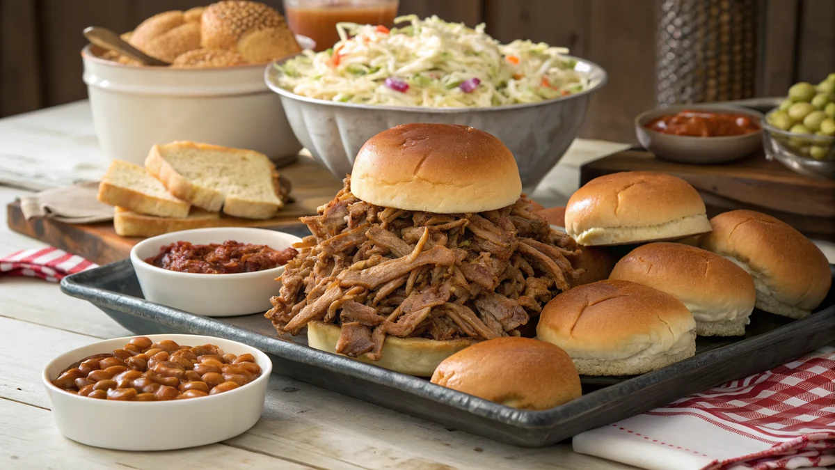 A large platter of pulled pork next to stacked buns and sides, ready to serve a crowd in a Texas kitchen