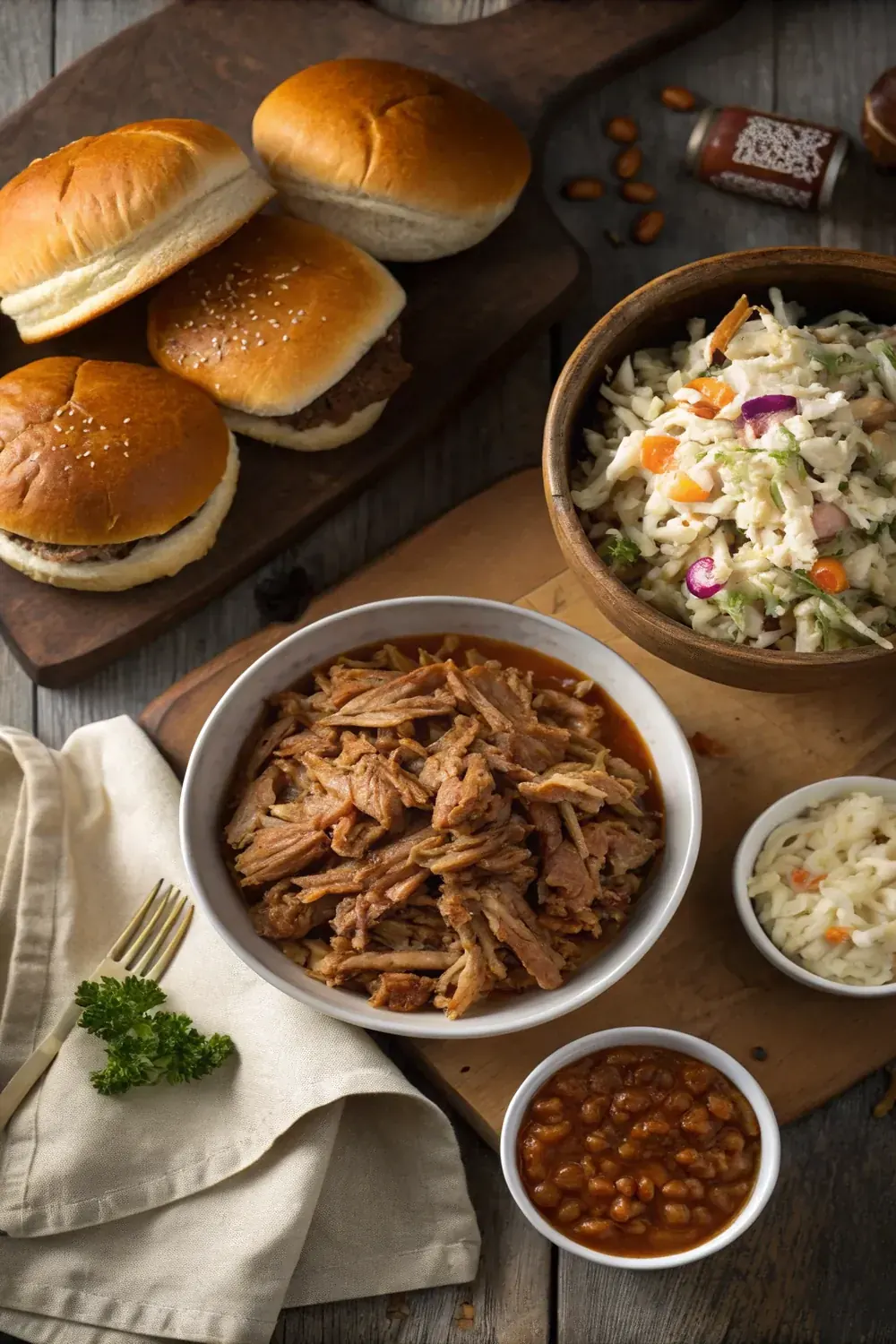 Pulled pork portion planning chart with buns and sides, styled vertically, save this how much pulled pork per person guide