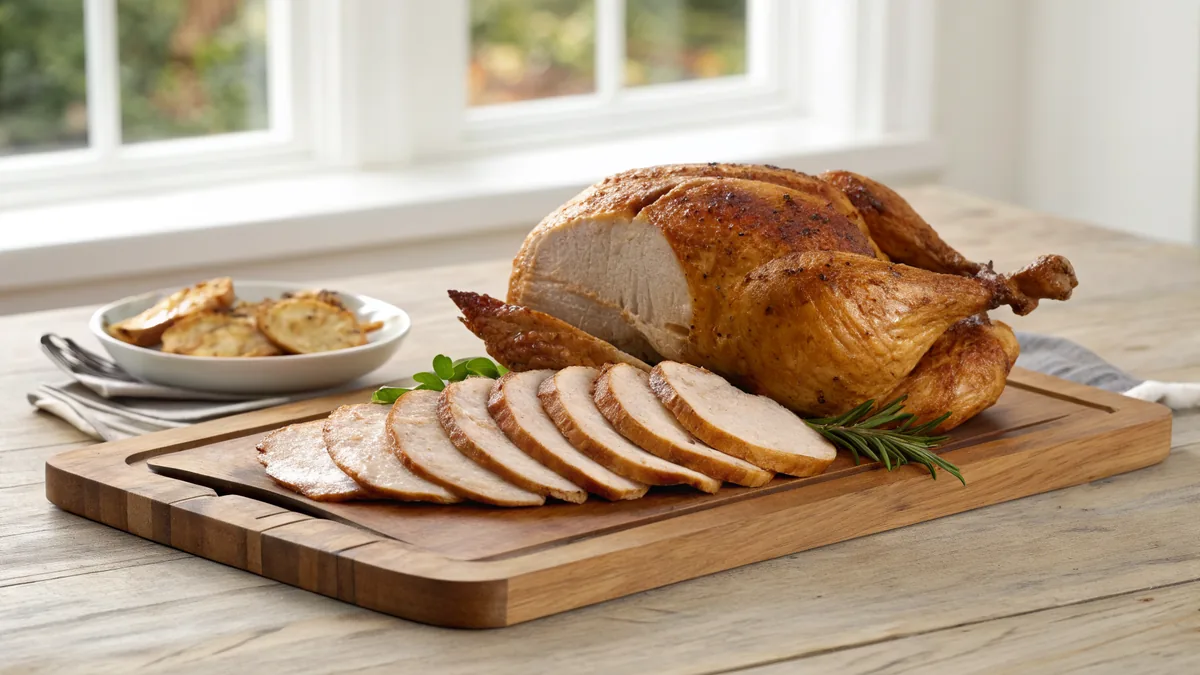 Whole roasted turkey with golden brown skin resting on a carving board beside neatly sliced portions of white and dark meat on a wooden table