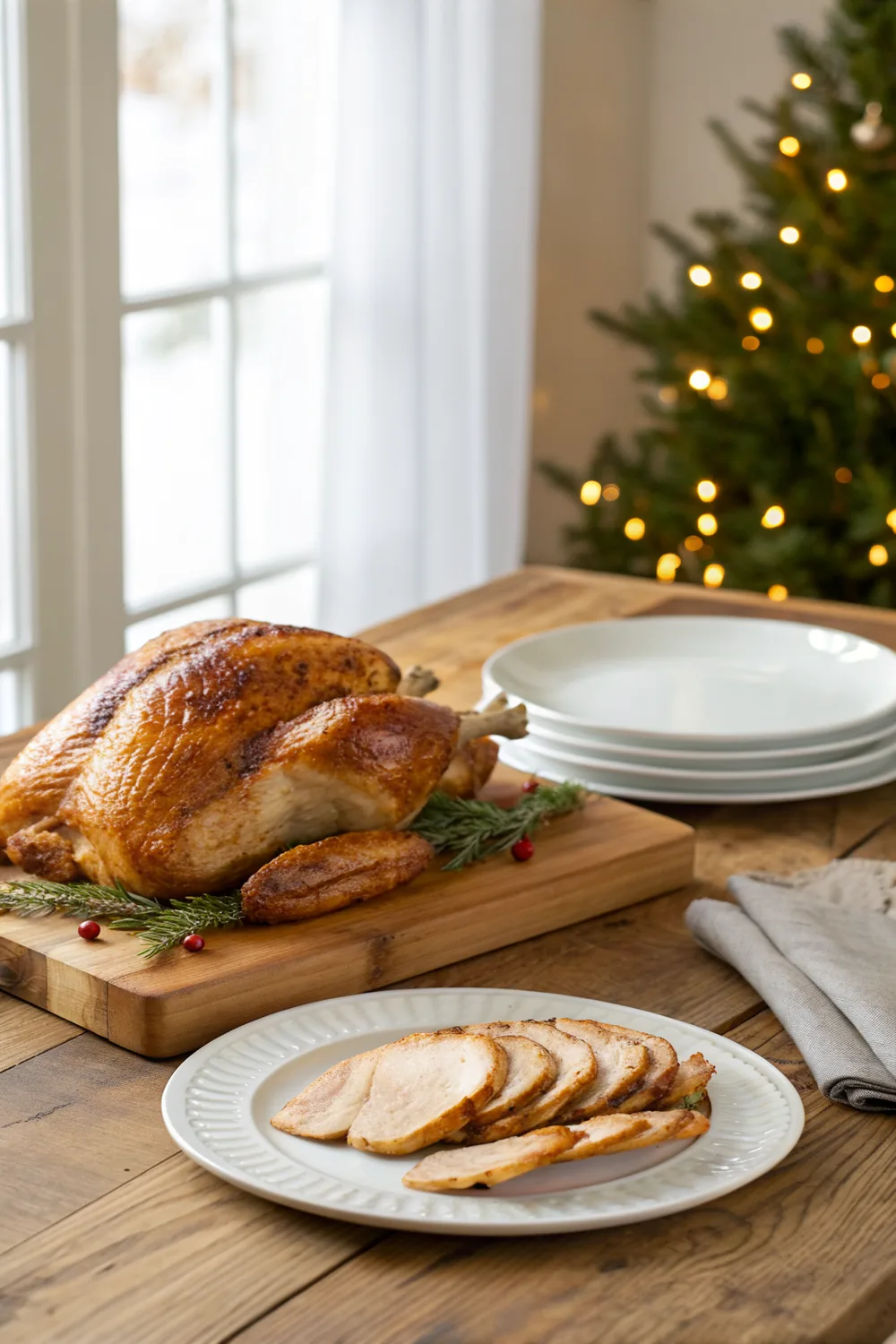 Vertical composition of a whole roasted turkey on a carving board with sliced portions arranged below, save this turkey portion guide