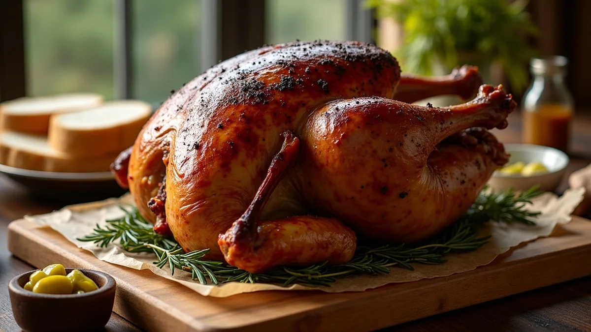 Whole smoked turkey on a rustic wood cutting board with deep mahogany skin glistening with rendered fat, smoke ring visible at the carve line, surrounded by Thanksgiving Texas BBQ presentation: butcher paper, white bread, dill pickles, pickled jalapenos, golden afternoon light, family gathering