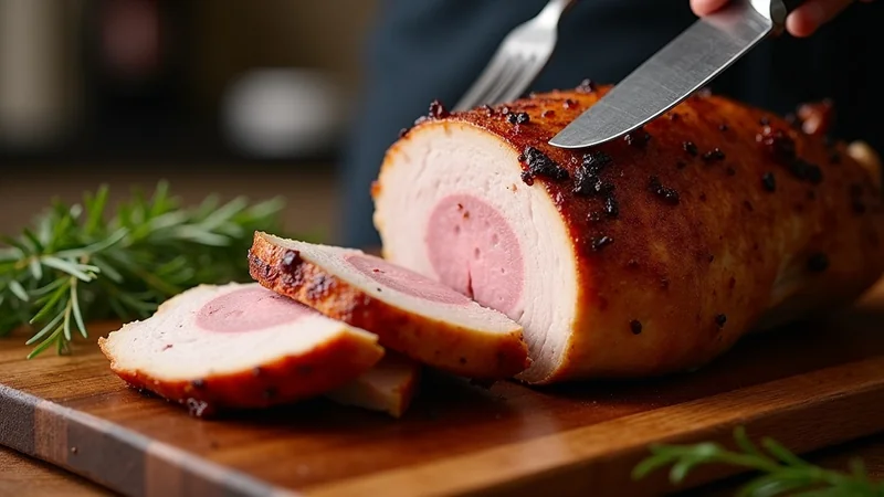 Close-up of smoked turkey breast being sliced on a wooden board, juicy interior visible with smoke ring, crispy mahogany skin, carving fork holding the bird, magazine quality