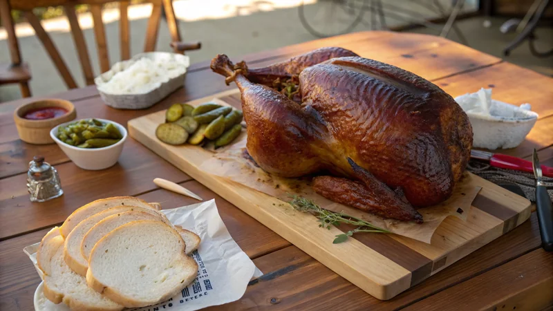 Close-up of smoked turkey breast being sliced on a wooden board, juicy interior visible with smoke ring, crispy mahogany skin, carving fork holding the bird, magazine quality