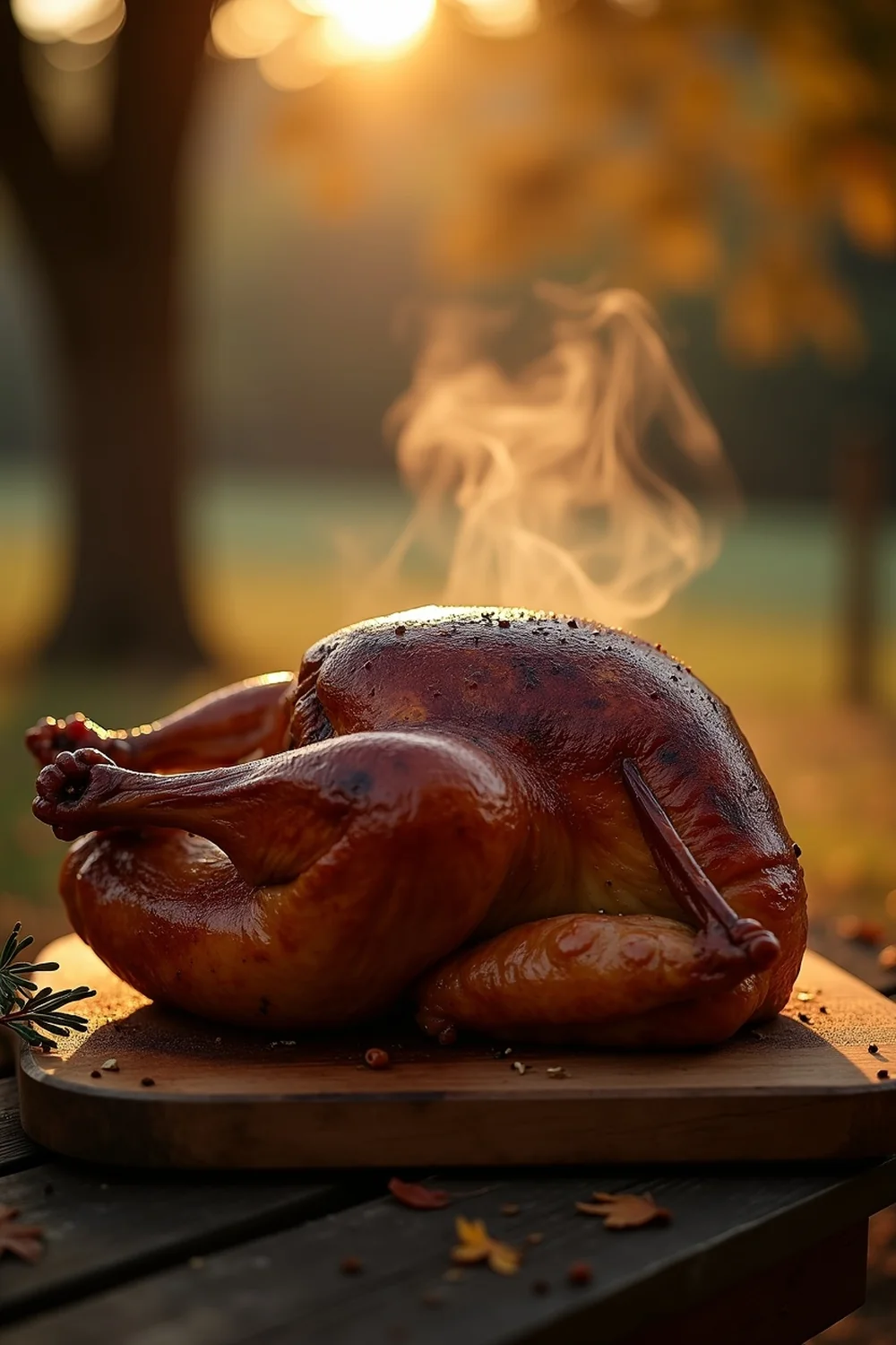 Vertical view of a whole smoked Thanksgiving turkey resting on a wooden board with rendered fat glistening, dramatic Hill Country golden hour light, post oak smoke wisp in the background, gathered family table aesthetic