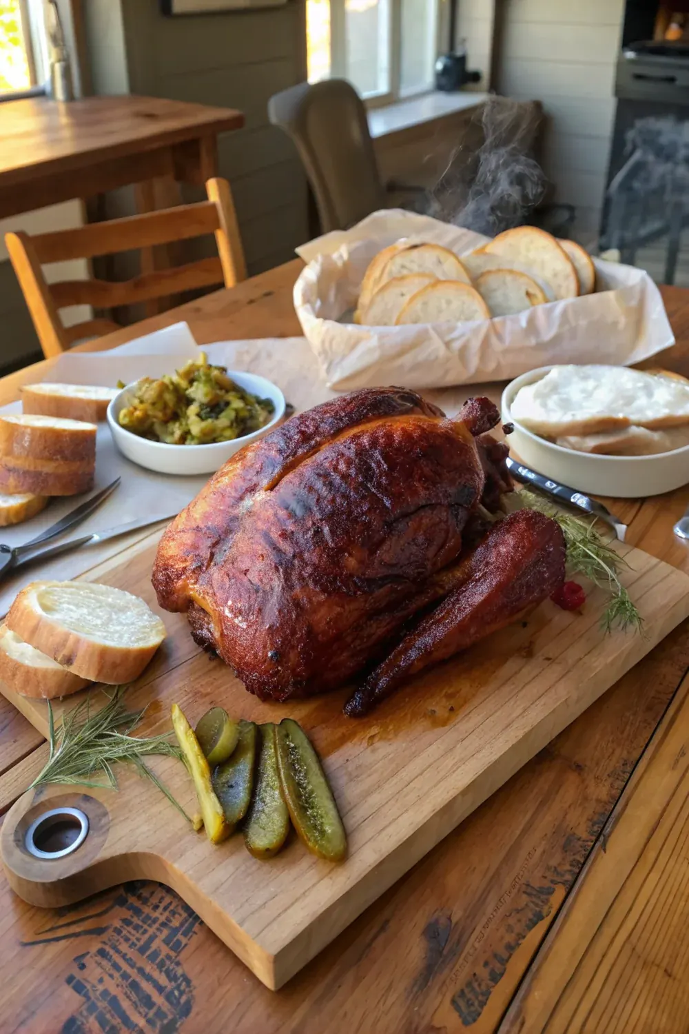 Vertical view of a whole smoked Thanksgiving turkey resting on a wooden board with rendered fat glistening, dramatic Hill Country golden hour light, post oak smoke wisp in the background, gathered family table aesthetic