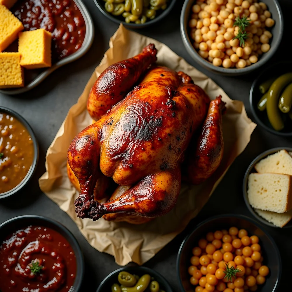 Overhead view of a whole smoked turkey on butcher paper with side dishes arranged around it: cornbread, BBQ potato salad, green beans, pickled jalapenos, ranch beans, family-style Texas Thanksgiving table