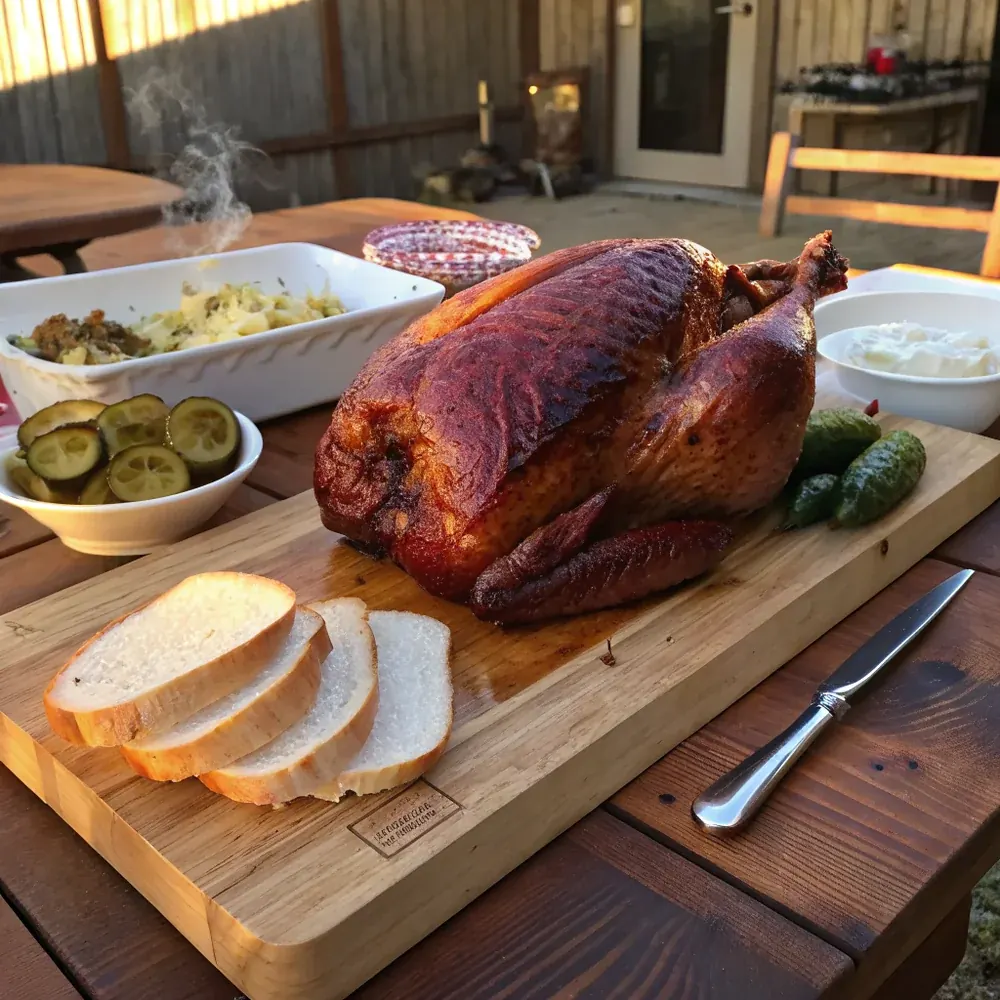 Overhead view of a whole smoked turkey on butcher paper with side dishes arranged around it: cornbread, BBQ potato salad, green beans, pickled jalapenos, ranch beans, family-style Texas Thanksgiving table