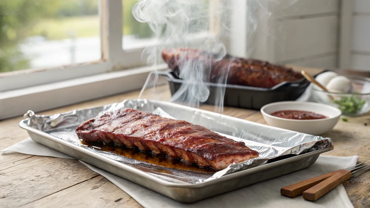 Foil-wrapped rack of smoked ribs being opened on a sheet pan, steam rising from the glossy mahogany bark