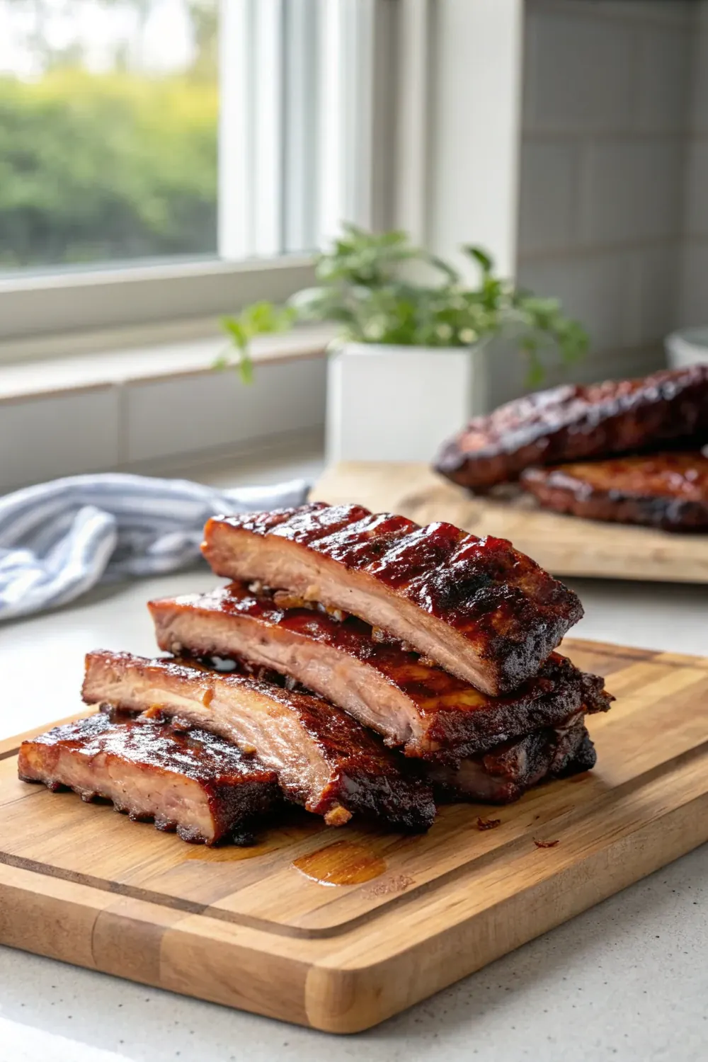 Reheated smoked ribs with glossy glaze stacked on a wooden board, styled vertically, save this guide to reheating ribs