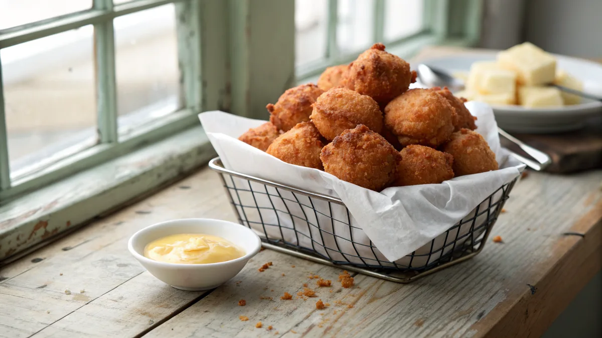 A pile of golden brown hush puppies with craggy crisp surfaces in a paper-lined wire basket beside a small bowl of honey butter on a weathered wooden table