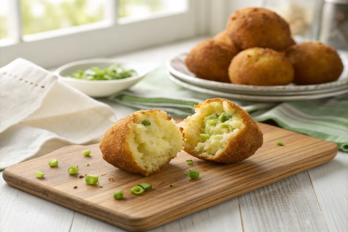 Close-up of a single hush puppy broken open on a wooden board showing a crisp golden shell and a soft pale yellow cornmeal interior flecked with green onion, more whole hush puppies on a plate behind it