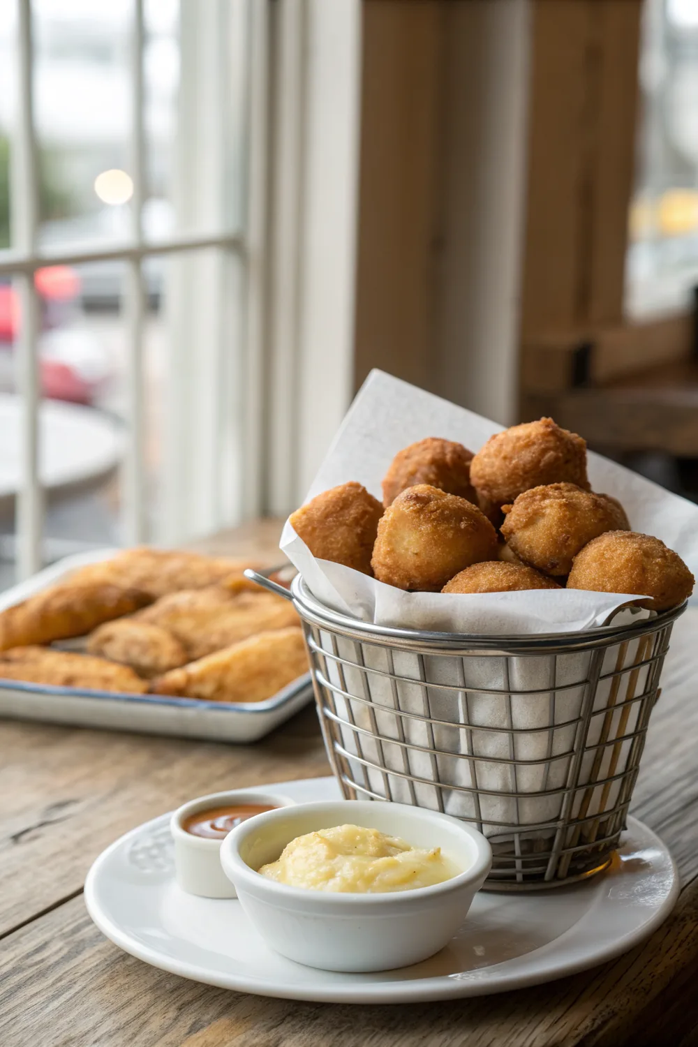 Vertical composition of a tall basket of crisp golden hush puppies with a dish of pale honey butter and a platter of fried catfish behind it on a rustic table in warm light