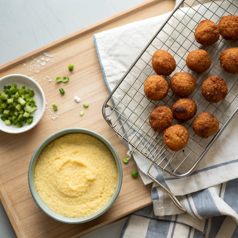 Overhead view of golden fried hush puppies draining on a wire rack over a rimmed sheet pan beside a ceramic bowl of thick pale yellow cornmeal batter and a small dish of sliced green onions on a wooden counter