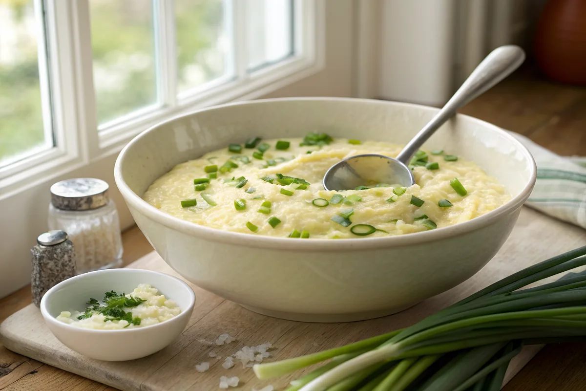 A wide ceramic bowl of thick pale yellow cornmeal batter flecked with green onion and grated onion with a small metal scoop resting in it on a wooden counter