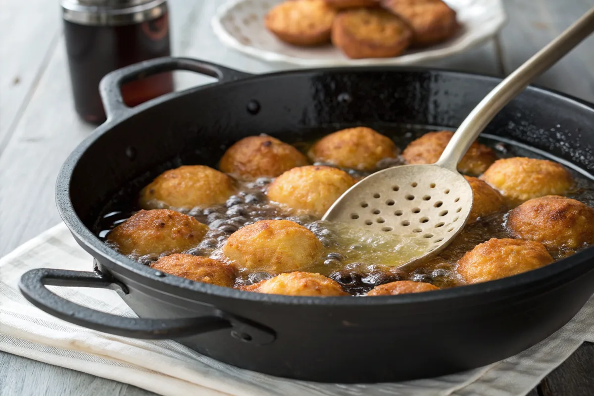 Golden brown hush puppies floating and bobbing in bubbling hot oil in a deep black Dutch oven with a slotted metal spoon resting on the rim
