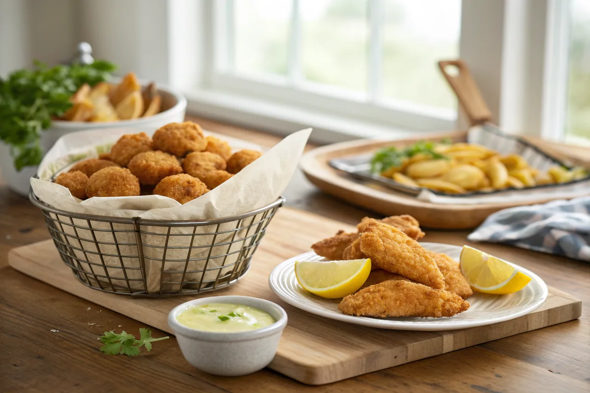 A fish fry spread on a wooden table with a basket of golden hush puppies, a platter of crisp fried catfish fillets, lemon wedges, and a small bowl of pale sauce