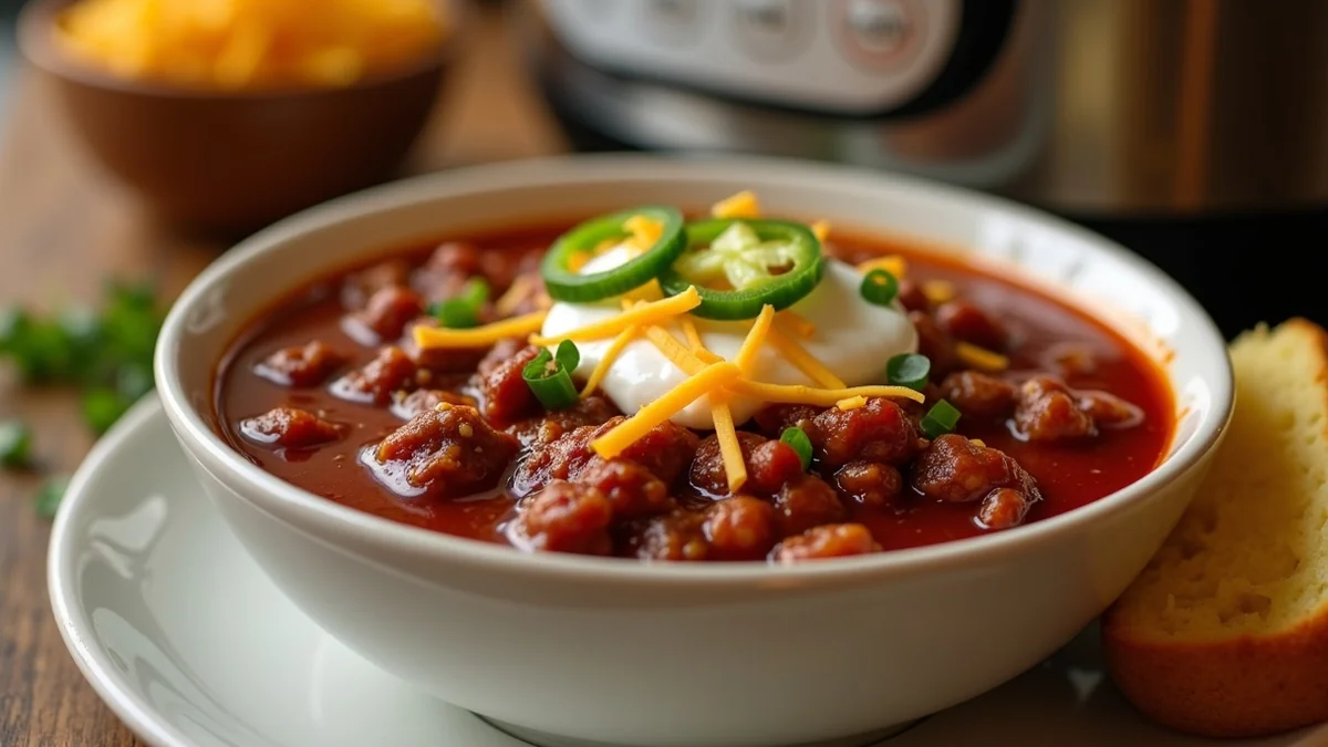 Bowl of Instant Pot Texas chili with visible cubed beef chuck pieces in deep red broth, ZERO beans, garnished with onion, cheddar, jalapeno