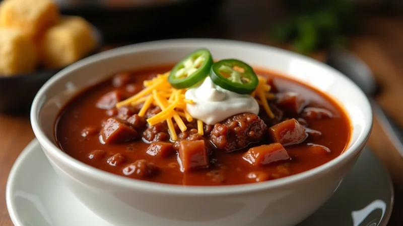 Close-up of Instant Pot Texas chili showing the dark mahogany broth, cubed beef chunks, and a dollop of sour cream on top