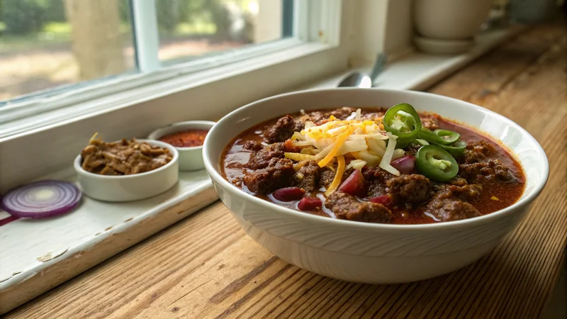 Close-up of Instant Pot Texas chili showing the dark mahogany broth, cubed beef chunks, and a dollop of sour cream on top