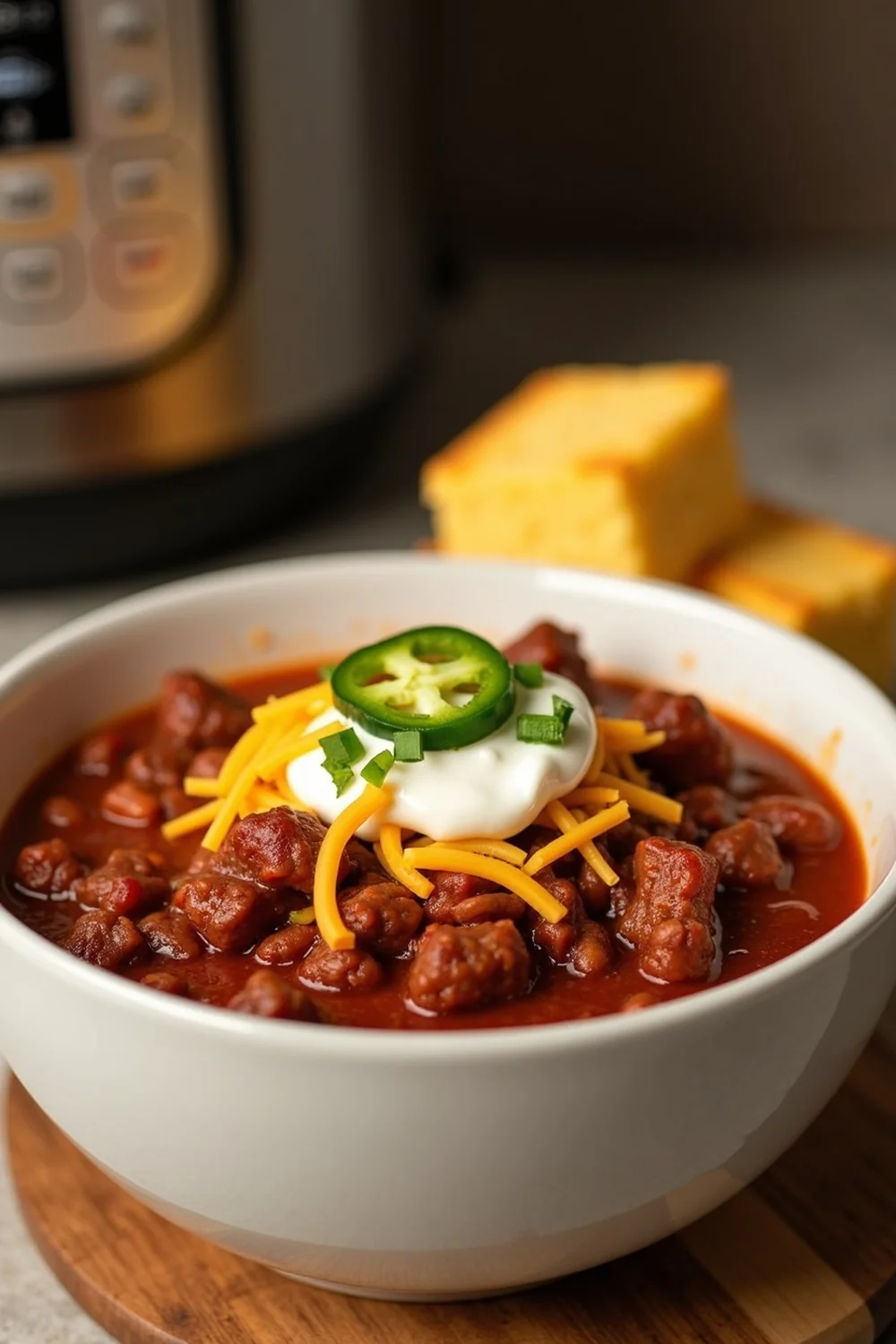 Vertical view of Instant Pot Texas chili being ladled, cubed beef visible, save this 1-hour Texas chili recipe