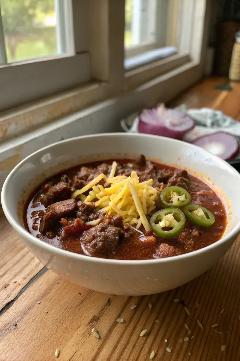 Vertical view of Instant Pot Texas chili being ladled, cubed beef visible, save this 1-hour Texas chili recipe