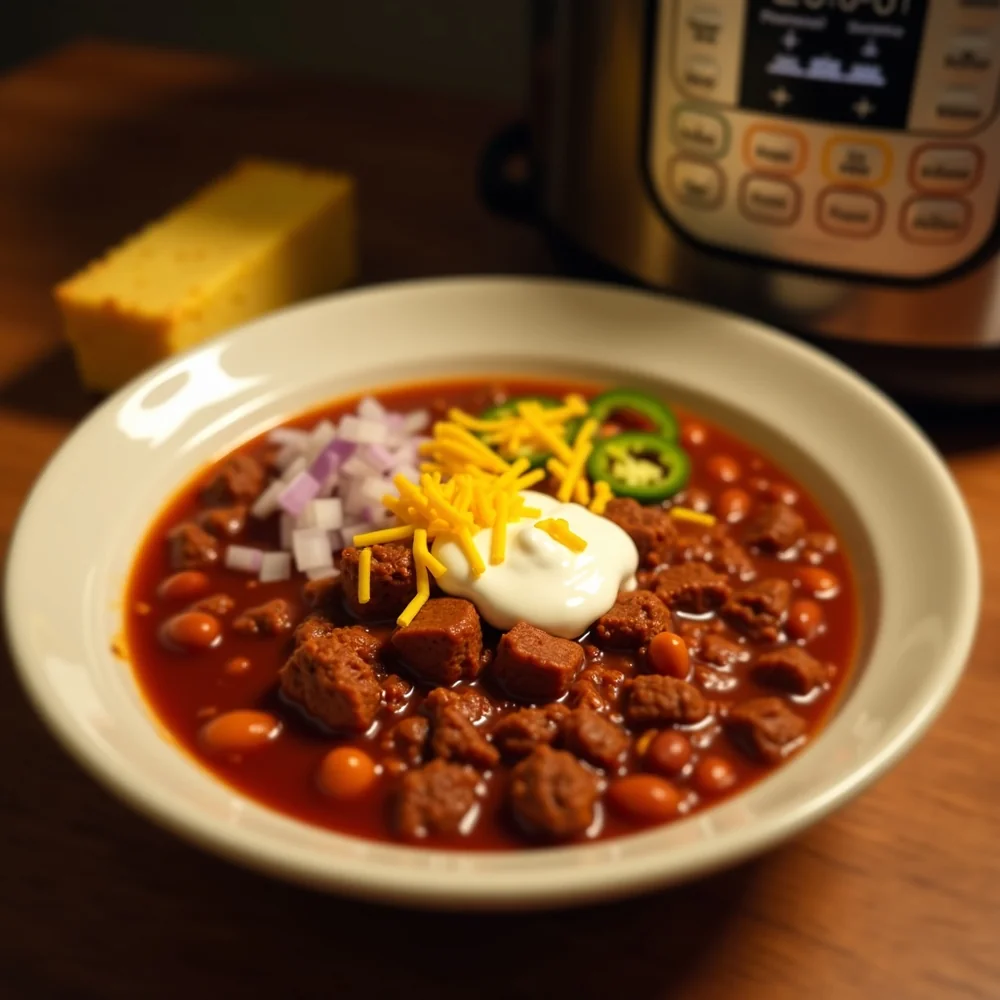 Overhead view of a bowl of Instant Pot Texas chili with cornbread on the side and an Instant Pot in the background, kitchen counter scene