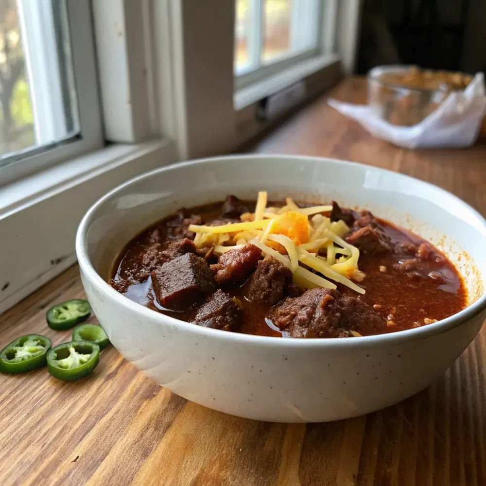 Overhead view of a bowl of Instant Pot Texas chili with cornbread on the side and an Instant Pot in the background, kitchen counter scene