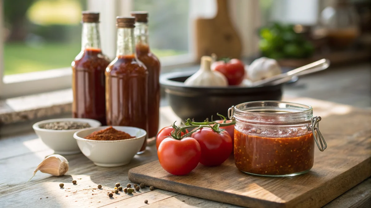 Several bottles and a jar of homemade barbecue sauce on a rustic Texas kitchen counter beside fresh tomatoes and spices, warm natural light