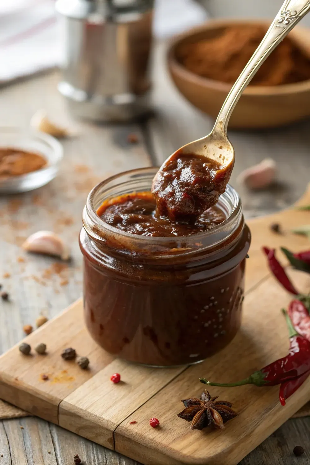 Homemade gluten-free barbecue sauce in a jar with a spoon, styled vertically, save this guide to whether BBQ sauce is gluten free