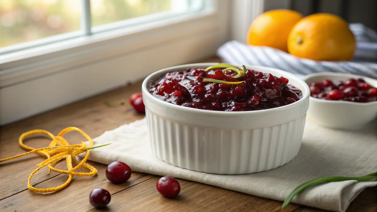 Jalapeno Cranberry Sauce recipe by Chef Mia, photographed in a natural light Texas kitchen