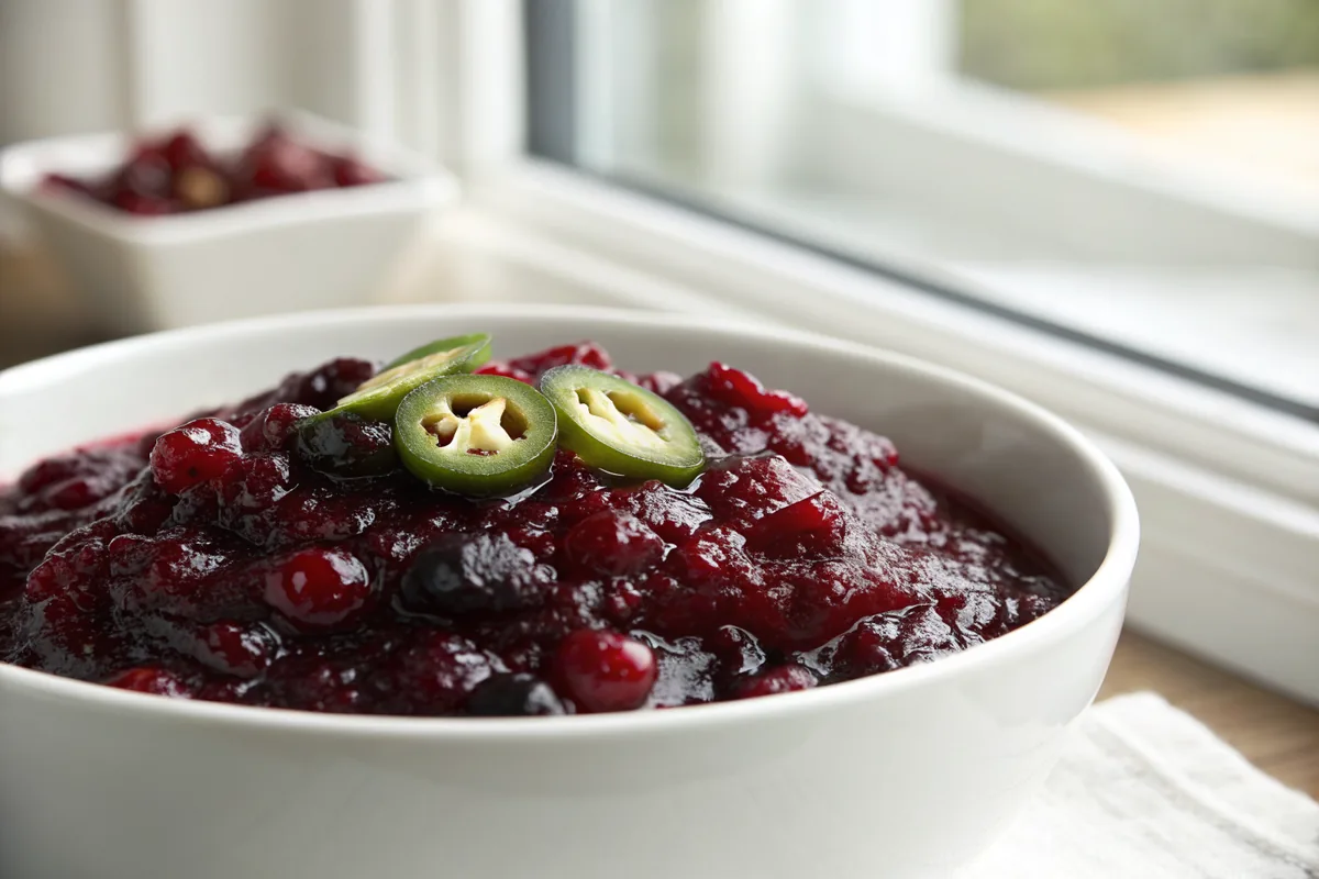 Close-up of thick homemade cranberry sauce showing burst berries, small green jalapeno pieces, and a glossy set surface catching soft window light
