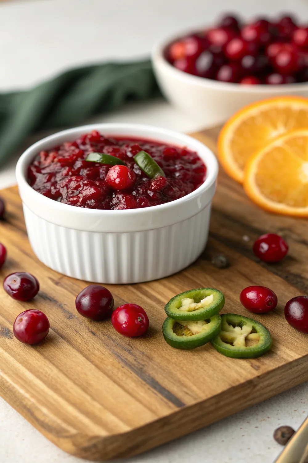 Vertical composition of a small bowl of ruby red jalapeno cranberry sauce on a rustic wooden board with scattered fresh cranberries, whole jalapenos and orange zest in warm autumn light