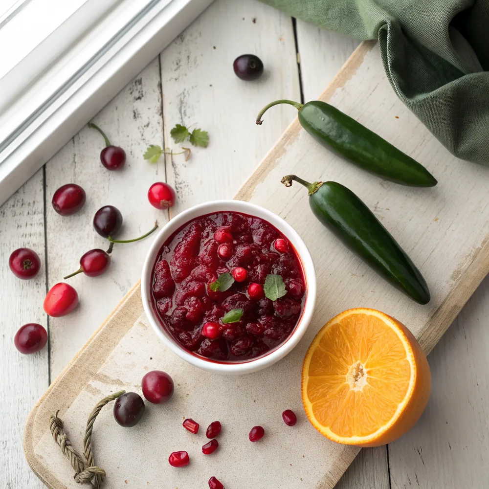 Glossy dark red cranberry sauce in a white ceramic bowl with visible whole berries and flecks of green jalapeno on a wooden table