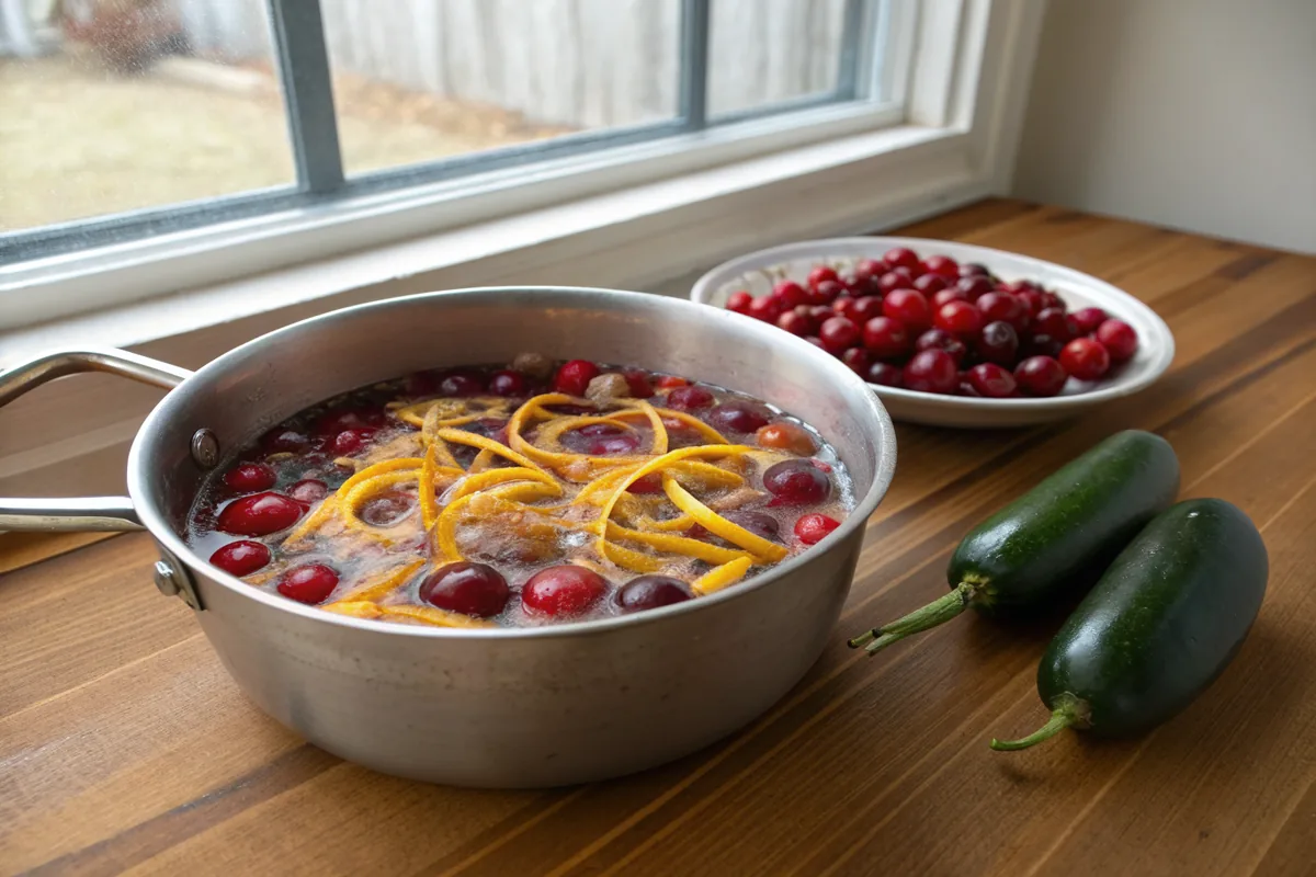 Whole fresh cranberries and finely diced green jalapeno resting in a heavy saucepan with clear sugar syrup and strips of orange zest
