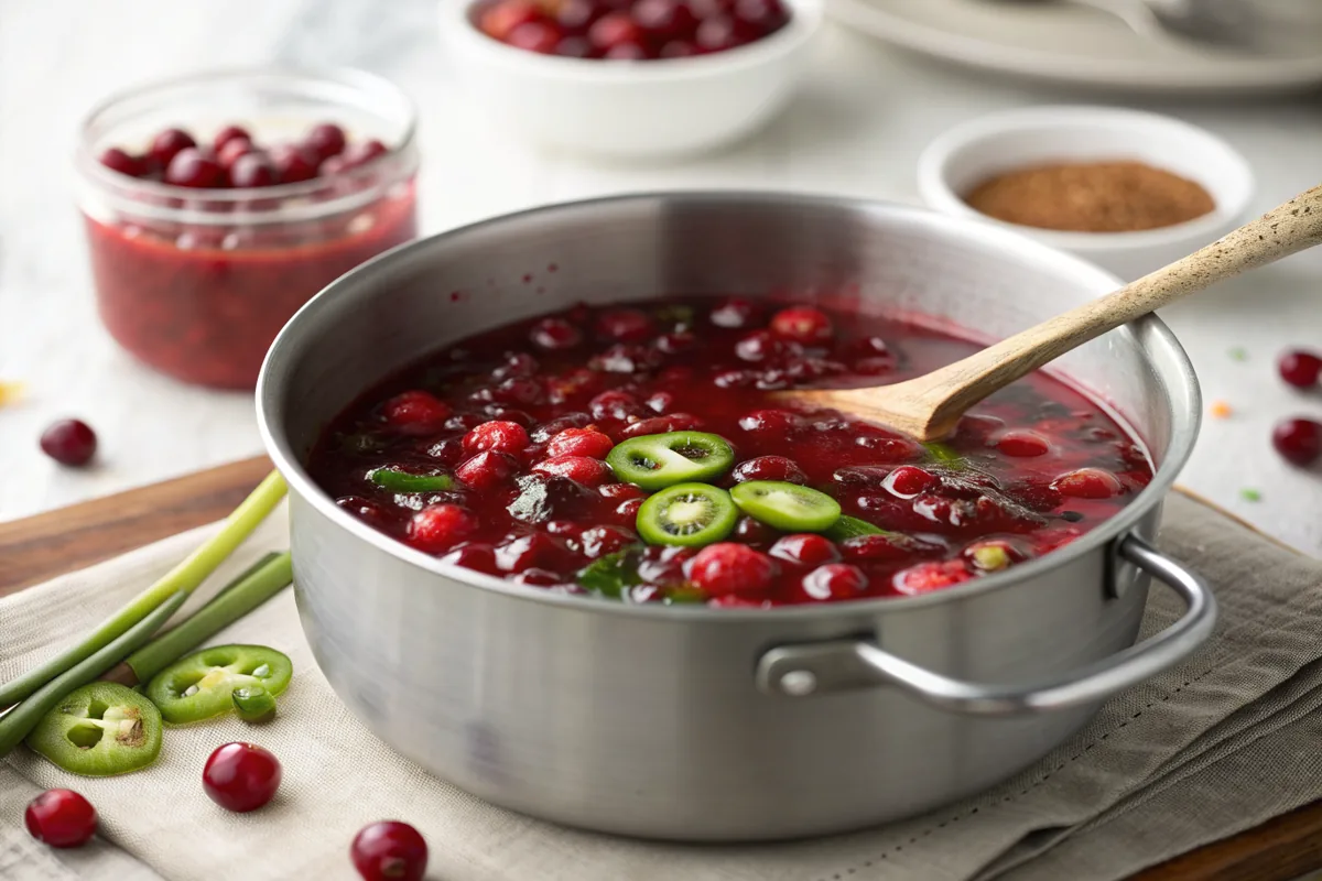 Simmering cranberry sauce in a saucepan with most berries burst open into deep red liquid and some whole berries still intact, green jalapeno pieces visible throughout