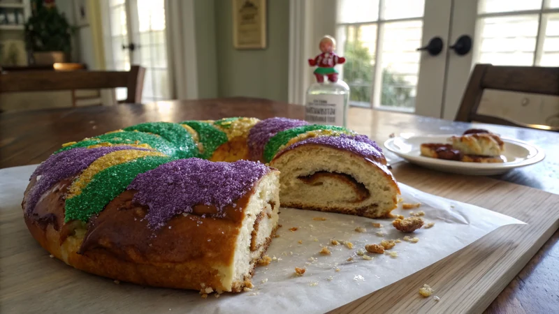 Cross-section slice of king cake showing the cinnamon swirl and cream cheese filling spiraled through the brioche crumb