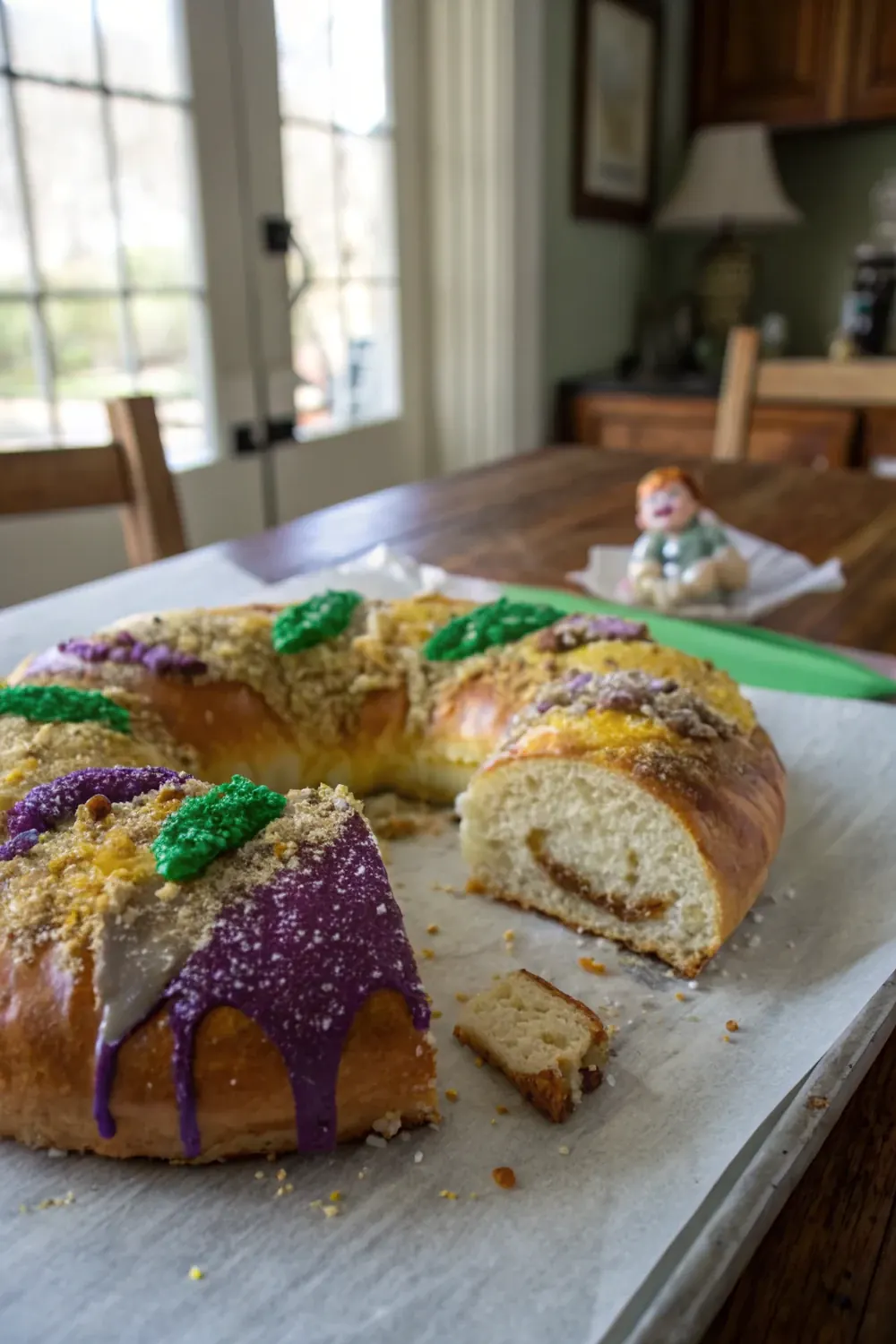 Vertical shot of a Texas king cake with thick icing and bright purple, green, and gold sugar bands, save this Mardi Gras Hill Country recipe