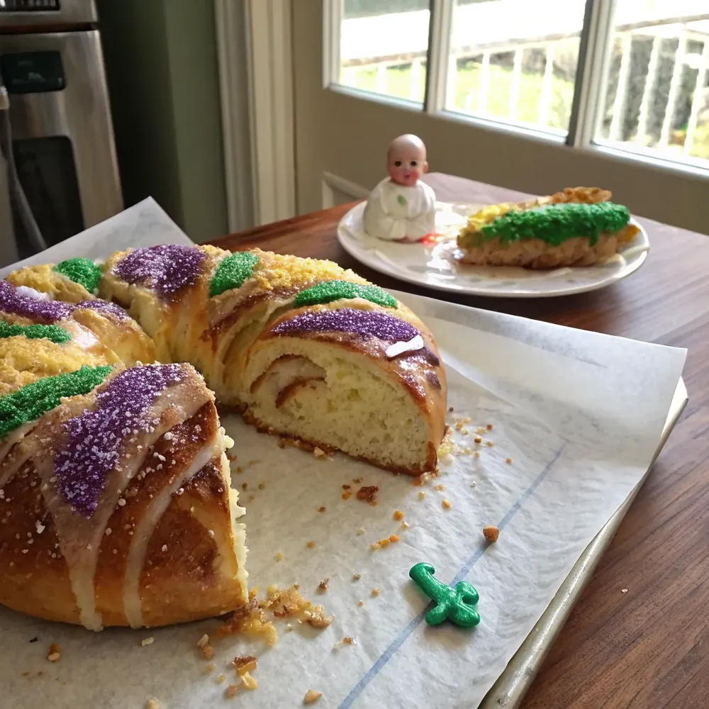 Overhead view of a finished king cake on a Mardi Gras table with beads, a small plastic baby, and a cup of chicory coffee