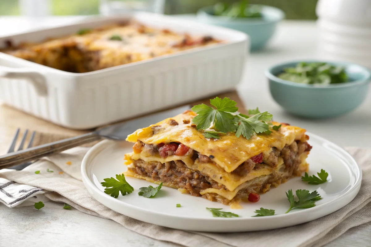 Close-up of a plated square of King Ranch beef casserole showing distinct layers of tortilla, creamy beef filling, and melted cheddar, cilantro scattered on top